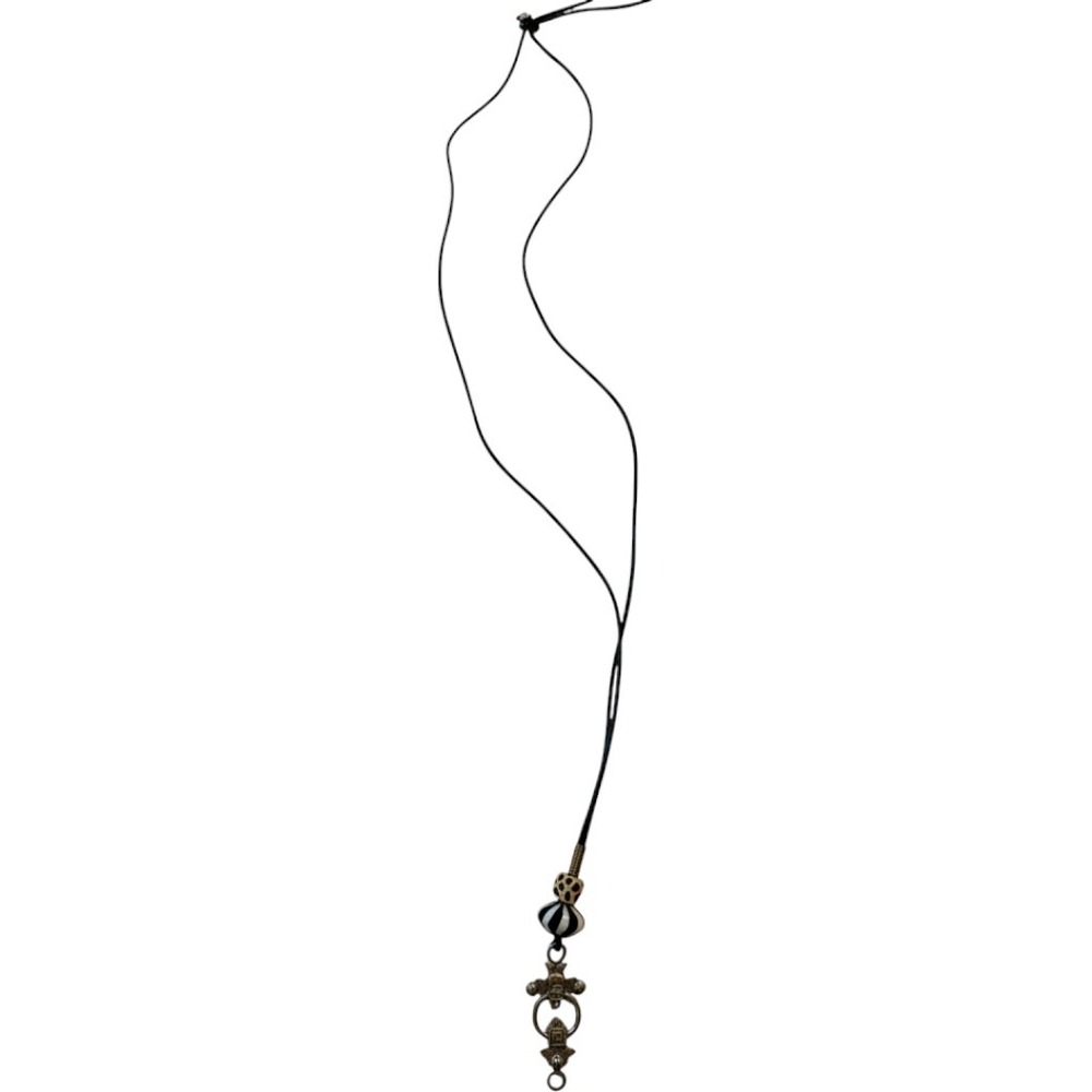 Treska Long Black Cord Necklace Striped Giraffe Bead Silver Tone Boho Pendant